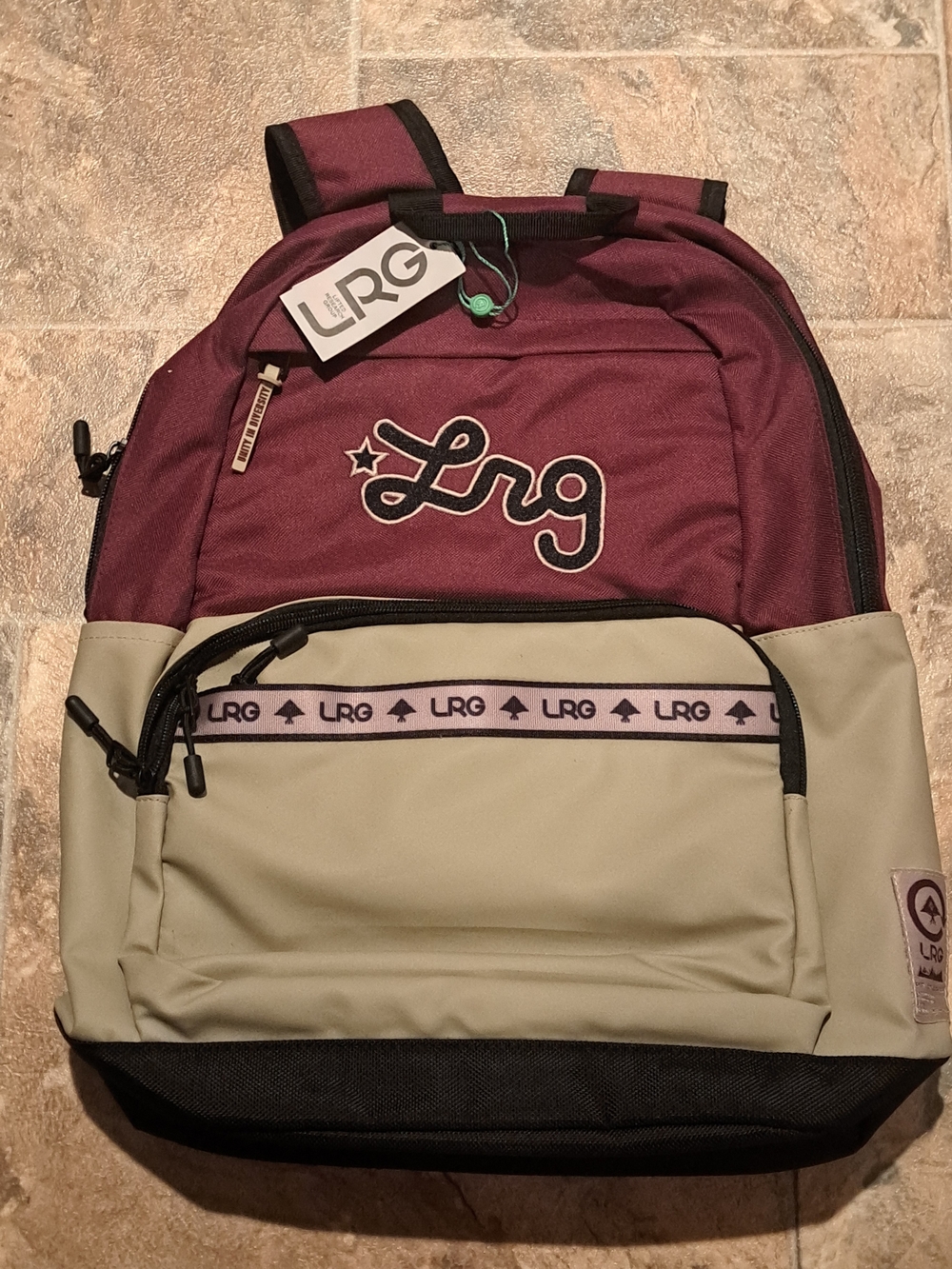 New LRG Two-Tone Burgundy and Tan Backpack with Black Base